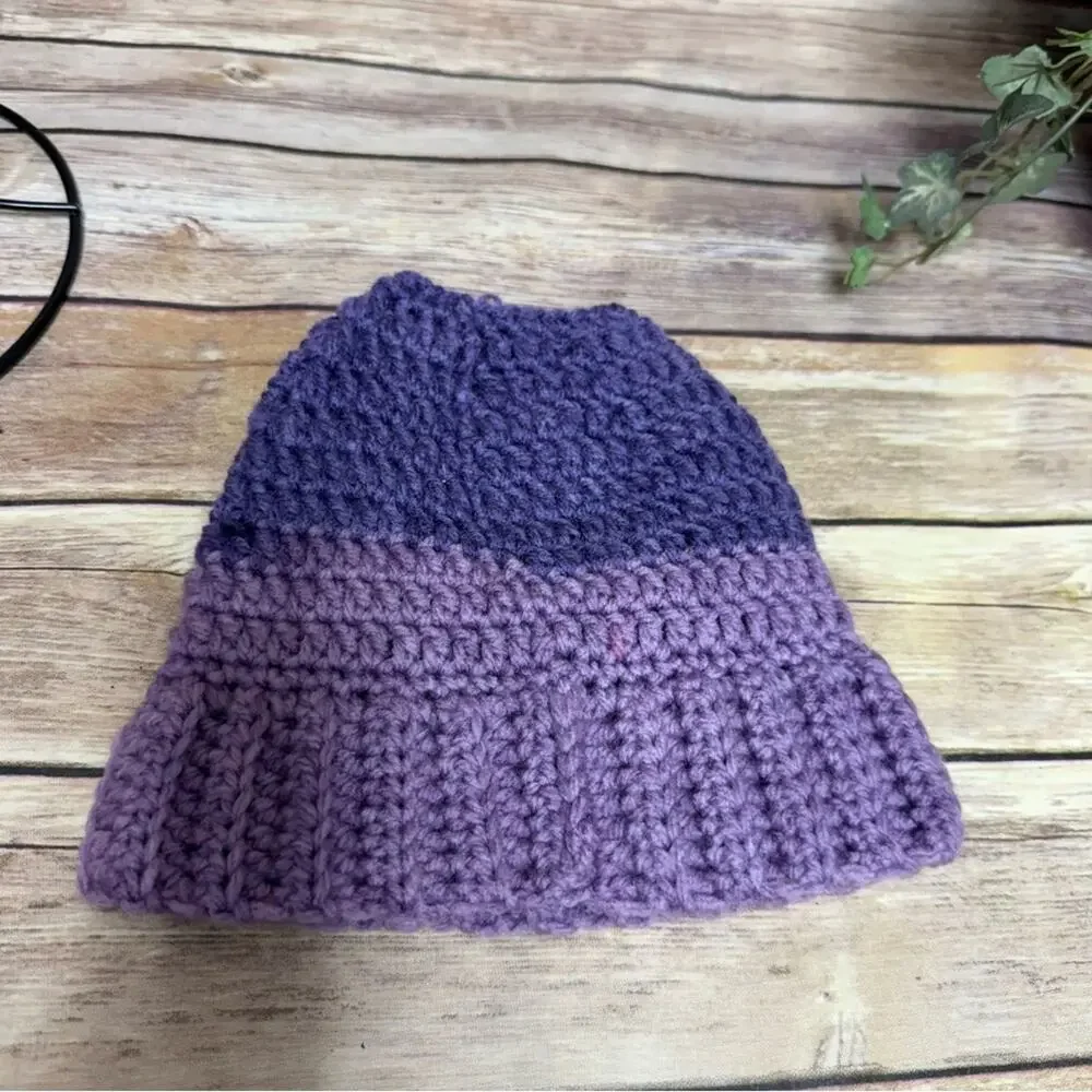 Vibrant Purple Kids Crochet Messy Bun Beanie